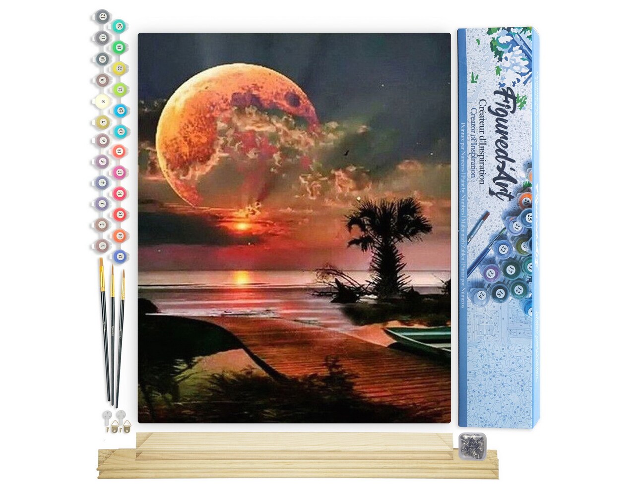 Figured'Art Paint by Numbers Kit for Adults Full Moon and beach front 16"x20" - Craft Art Painting Rolled Canvas with DIY wooden frame